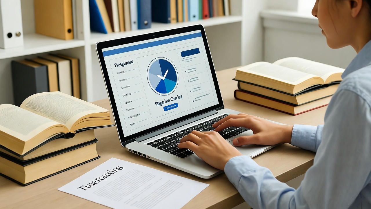 Person using a laptop with a plagiarism checker tool on the screen, surrounded by open books and academic papers on a desk in a study or library setting.